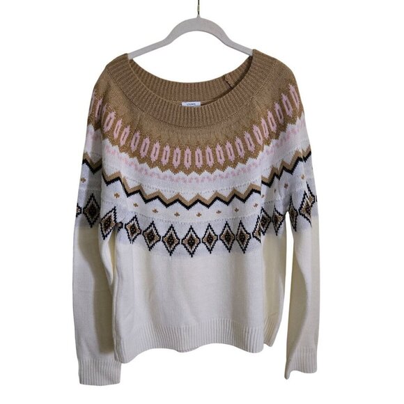 Crown & Ivy Cream Gold Fair Isle Pullover Crewneck Sweater Size XL - Picture 2 of 8